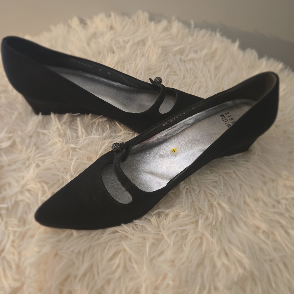 Stuart Weitzman Womens 9 Black Suede Leather Squa - Picture 10 of 11